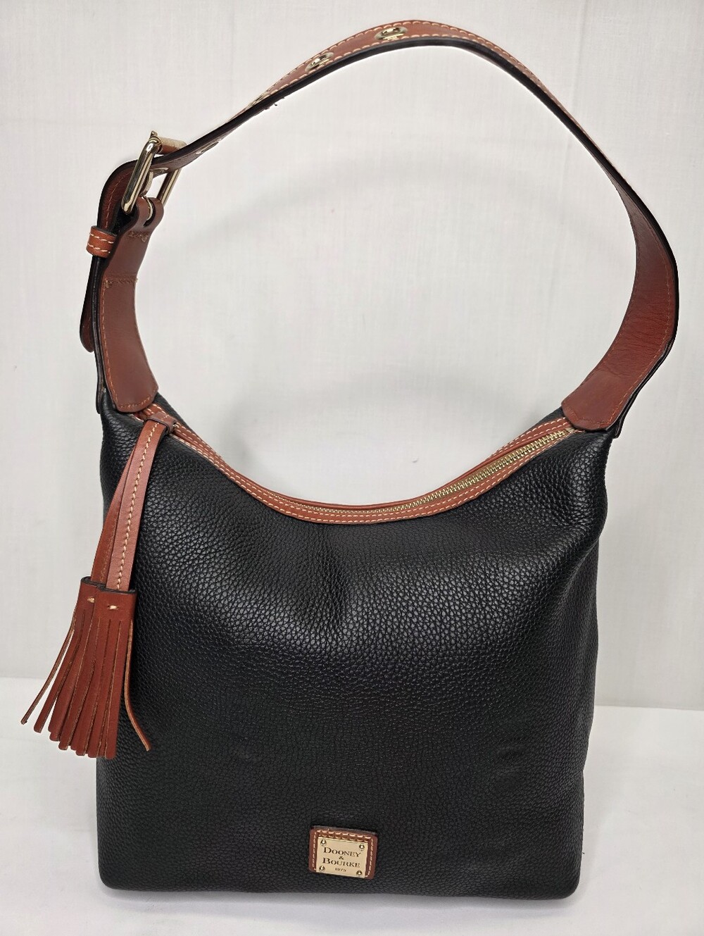 Dooney & Bourke Black Pebbled Leather Hobo Bag Tassel Shoulder Purse